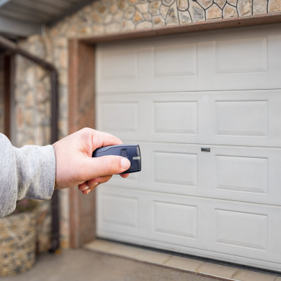 Spokane security key fob pointing to a garage door
